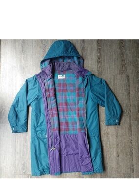 L.L. Bean Teal and Purple Hooded Utility Jacket with Plaid Fleece Lining